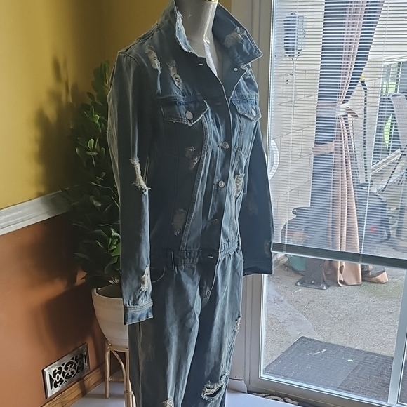 Fashion Nova Distressed Denim Jumpsuit - Picture 1 of 5